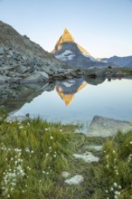 Serene landscape of the Matterhorn in the Swiss Alps, captured at dawn. The iconic peak reflects