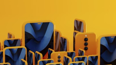 Many yellow frame smartphone exist with blue abstract art displayed on the screen. This creates a