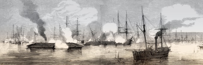 Breaking through to Vicksburg, USS Arkansas running through the Federal fleet above Vicksburg,