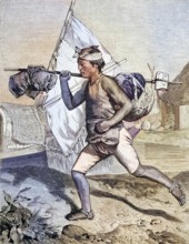 Japanese postman and carrier, Japan, Historical, digitally restored reproduction from a 19th