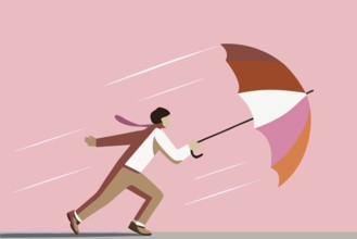 Businessman struggling against strong wind with umbrella. Adversity concept