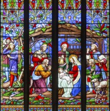 Detail of stained glass window Adoration of Shepherds by William Wailes 1861, Christ Church,
