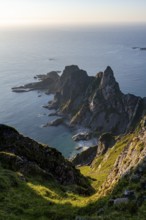 Picturesque coastal landscape, view from the summit of Måtind or Måtinden, dramatic rocky coast and