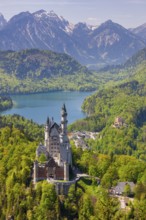 View of Neuschwanstein Castle in front of a tranquil lake and impressive mountain ranges,
