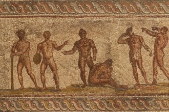 Ancient mosaic with various athletes, Roman motif, Patras Archaeological Museum, Patras,