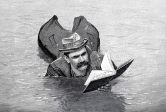 The technician F.W. Kuhl swimming down the Rhine near Cologne in the life jacket he invented, 1896,
