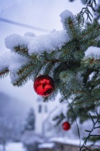 Snow-covered branch with red Christmas bauble, church tower in the background, Enzklösterle,