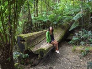A woman in a green jacket sits on a large fallen tree trunk surrounded by lush forest greenery in