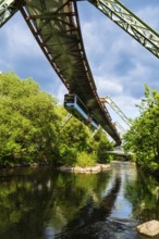 A suspension railway over the riverbed of the Wupper in Elberfeld, Wuppertal, Germany