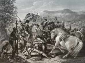 Die Schlacht von Otterburn zwischen englischen und schottischen Armeen am 5. August 1388