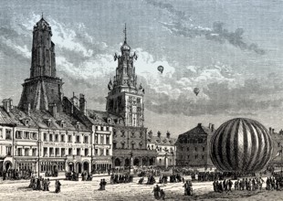 Departure of balloon le Neptune, Place d'Armes, Calais, France, 1868