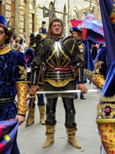 Il Palio di Siena, historical horse race, knight with sword, captain of the Nobile Contrada del