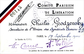 Carte de membre du Comité parisien de libération