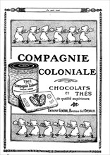 Publicité pour les chocolats et thés de la Compagnie coloniale in le journal "Je sais tout"