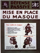 Affiche de propagande pour la défense passive : mise en place du masque à gaz