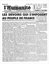 Cover of the French newspaper "L'Humanité" after the allied landings