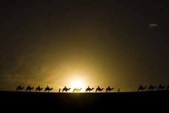 A Group of People Riding Camels in the Desert