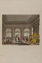 Descente de voiture de Napoléon 1er et Marie-Louise d'Autriche  sous le vestibule de Palais des Tuileries, le jour de la cérémonie de leur mariage (2 avril 1810)