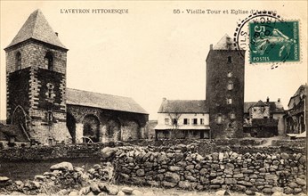 Old tower and church of Aubrac