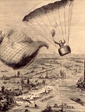Garnerin, gravure, premier saut en parachute le 22 Octobre 1797