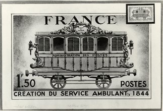 Stamp illustrating the creation of an ambulatory department of the French Postal Administration in 1844