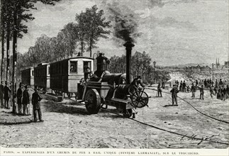 Experiment with a single-track railway called the Larmanjat system, at Trocadéro