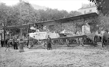 World War I. German armoured biplane captured in Cernay