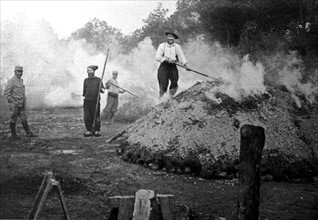 World War I. German  prisoners digging up peat in Haute-Saône (1918)