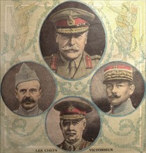 Première Guerre Mondiale. Le maréchal Douglas Haig, à gauche, le général Debeney (1ère armée française), en bas, le général H. Rawlinson (4ème armée anglaise), à droite, le général Humbert (3ème armée...