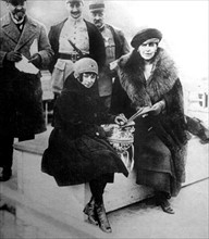 Queen Marie of Rumania and Princess Ileana on the Danube during their retur to Bucharest
