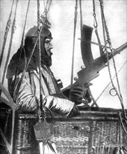 World War I. German machine-gunner bbserver in the gondola of a "Sausage" (1918)