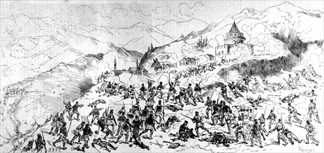 Insurgents of Herzegovina driving back the Turks in the Niksik blockaus. In "Le Monde Illustré", 1876