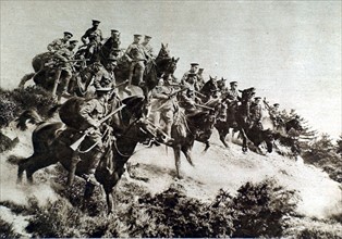 Première Guerre Mondiale. En Picardie, entrainement de la cavalerie britannique (1916)