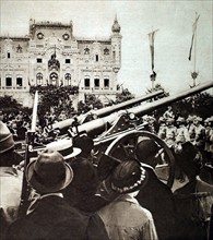 World War I. King Ferdinand of Rumania passing his  artillery in review (1916)