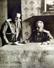 World War I. General Sakharov and his chief of staff studying the Lemberg front