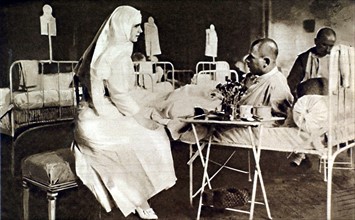 World War I. Princess Marie of Rumania taking care of the wounded at the royal palace in Bucharest (1916)