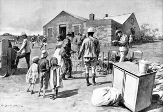 Guerre des Boers. Au Transvaal, pillage d'une habitation boer par les soldats anglais (1901)