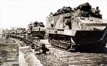 World War I. French assault tanks being embarked to be taken to the front