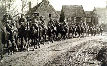World War I. Company of dragoons, lance in hand, on their way to battle