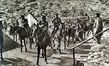 World War I. Prince Alexander of Serbie on an  inspection tour in the Serbian mountains (1917)