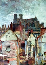 Charles Duvent, à Reims, le quartier en ruines des manufactures dominé par la cathédrale