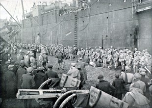 World War I. Portuguese contingents disembarking in a French port (1917)