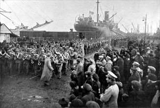 World War I. Portuguese contingents disembarking in a French port (1917)