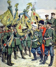 Guerre russo-japonaise. Avant le départ pour la guerre, le général Dragomiroff embrasse le drapeau du 23-10-1904