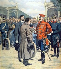 A l'arrivée de la coupe Gordon-Bennett,  l'empereur Guillaume II félicite Théry du 3-7-1904