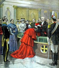 Le président Félix Faure remettant la berrette cardinalice au nonce du pape, Mgr Ferrata du 19-7-1896