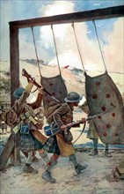 François Flameng, dans les Flandres, soldats écossais s'exerçant à l'escrime à la baïonnette