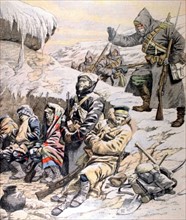 Une patrouille russe découvre des soldats japonais morts de froid en Mandchourie, du 12 février 1905