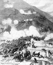 Primo de Riveyra and the Barbastro cazadores and Puerto Rico launching an attack with bayonets on the first Carlist trench of Las Cortes in Spain, in "Le Monde illustré", 4-11-1874