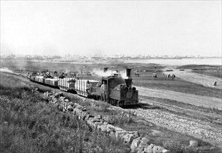 Construction de la première ligne de chemin de fer  Casablanca-Rabat, au Maroc (1912)